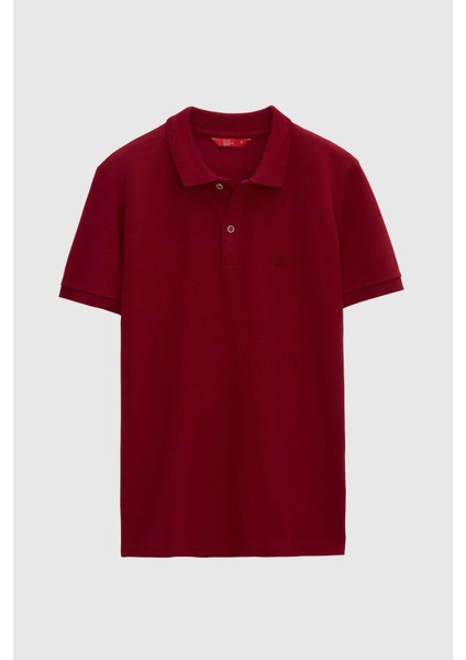 Regular Fit Bordo Pike Dokulu %100 Pamuk Kıvrılmaz Polo Yaka Nakışlı T-shirt 4HC14ORT51000