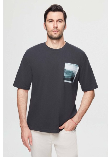 Oversize Antrasit Baskılı %100 Pamuk T-shirt 2EC14ORT05210