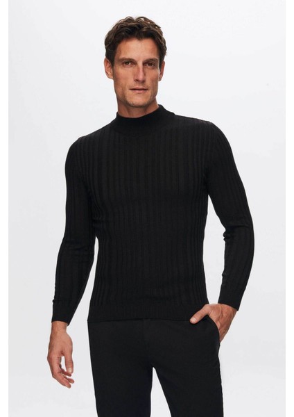 Slim Fit Siyah Fitilli Pamuk Karışımlı Yarım Balıkçı Dar Kesim Vücudu Saran Triko Kazak 5HF06ORT64100