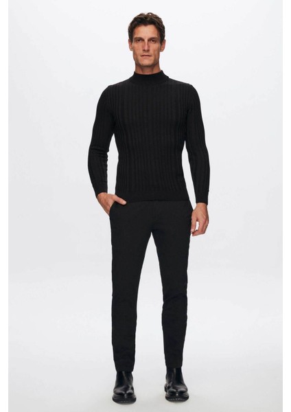 Slim Fit Siyah Fitilli Pamuk Karışımlı Yarım Balıkçı Dar Kesim Vücudu Saran Triko Kazak 5HF06ORT64100