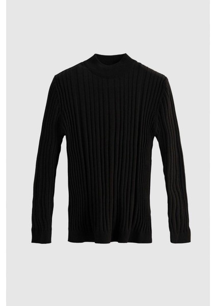 Slim Fit Siyah Fitilli Pamuk Karışımlı Yarım Balıkçı Dar Kesim Vücudu Saran Triko Kazak 5HF06ORT64100