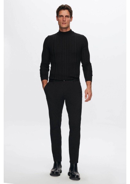 Slim Fit Siyah Fitilli Pamuk Karışımlı Yarım Balıkçı Dar Kesim Vücudu Saran Triko Kazak 5HF06ORT64100