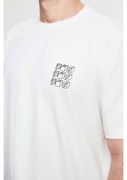 Oversize Beyaz Baskılı %100 Pamuk T-shirt 2EC14ORT05212