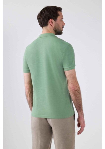 Regular Fit Açık Yeşil Pike Dokulu %100 Pamuk Kıvrılmaz Polo Yaka Nakışlı T-shirt 4HC14ORT51000