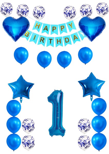 1 Yaş Mavi Konsept Doğum Günü Seti; Kalp Yıldız Folyo Balon Set