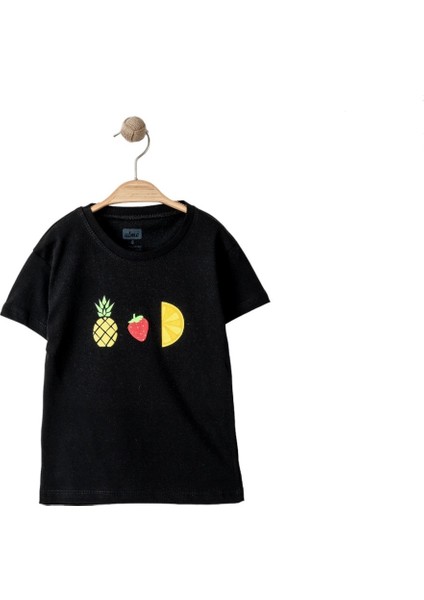 Kız Çocuk Mini Ananas Çilek Limon Baskılı Siyah Tshirt