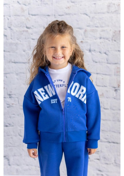 Kız Çocuk Baskılı Kapüşonlu Ceket - Sax