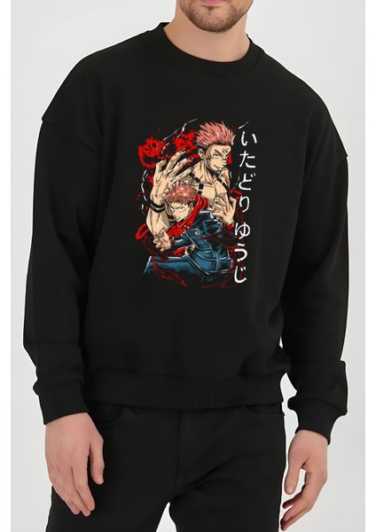 Jujutsu-Kayzen Sukuna Anime Baskılı Siyah Kadın Erkek Pamuklu Sweatshirt Cu50