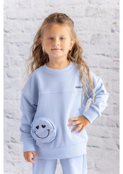 Kız Çocuk Cep Detaylı Baskılı Sweatshirt - Bebek Mavisi