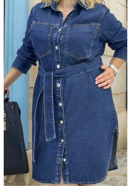 Yagmur Beren Önden Metal Düğme Kapama Kuşak Detaylı Rahat Kalıp Denim Kot Elbise fırsatları
