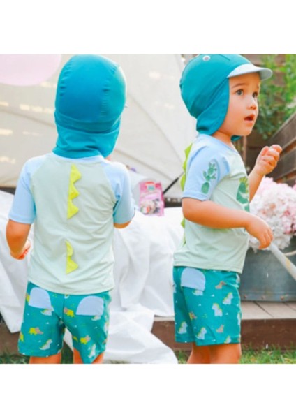 Erkek Bebek 3'lu Set- Upf 50 + Güneş Korumali Sort Mayo + Tshirt 'u + Sapka Seti Cute Dıno