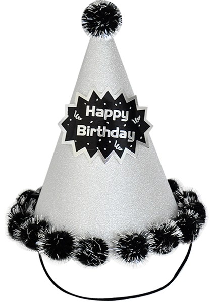 Happy Birthday Simli Ponponlu Gümüş Şapka 20X13 cm