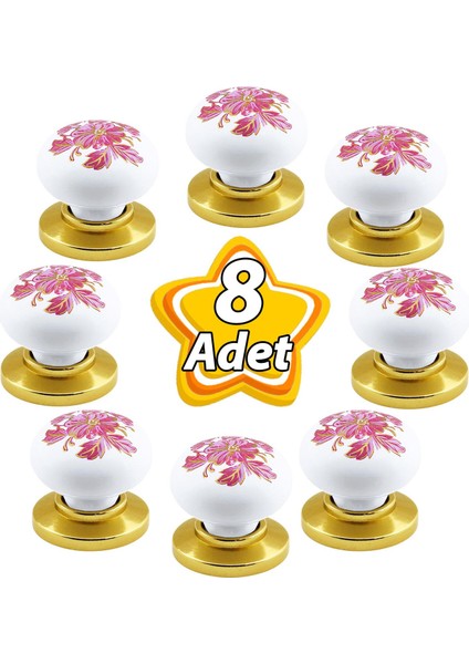 8 Adet Pembe Beyaz Ortanca Çiçek Desenli Altın Tablalı Polimer Düğme Kulp Mobilya Mutfak Dolabı Çekmece Kulpları