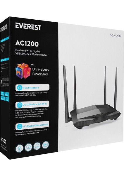 SG-V1200 AC1200 Dualband Wi-Fi Gigabit Vdsl2/adsl2 4*5dbi Antenli Kablosuz  Modem Router (hem modem hem router, router sadece kablolu olarak bağlantı sağlayabilir)