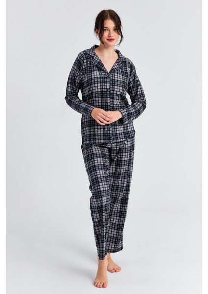 Kadın Gri Siyah Ekose Desen Uzun Kol Bebe Yaka Pantolon Pijama Takım fiyatları