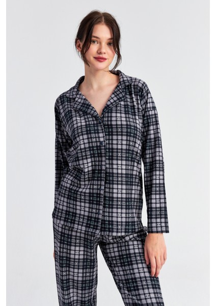 Kadın Gri Siyah Ekose Desen Uzun Kol Bebe Yaka Pantolon Pijama Takım modelleri