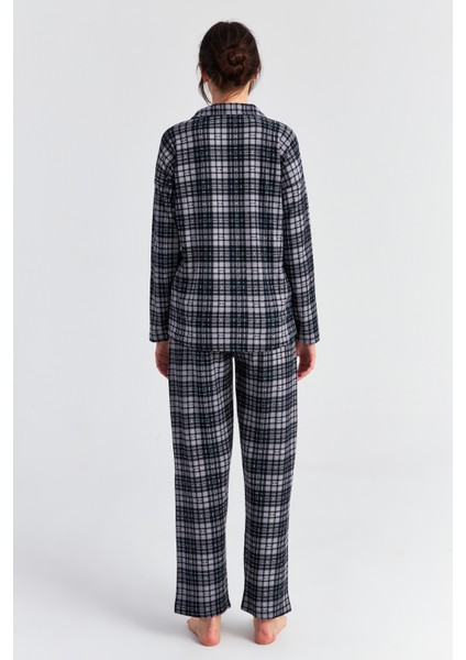 Kadın Gri Siyah Ekose Desen Uzun Kol Bebe Yaka Pantolon Pijama Takım fırsatları