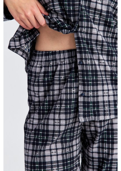 Kadın Gri Siyah Ekose Desen Uzun Kol Bebe Yaka Pantolon Pijama Takım indirimleri