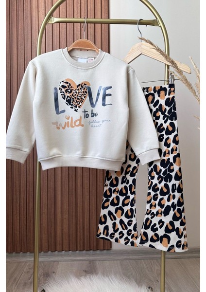 Kız Çocuk Love Leopar Baskılı Ispanyol Paça Tayt Alt Üst Takım 3 Iplik