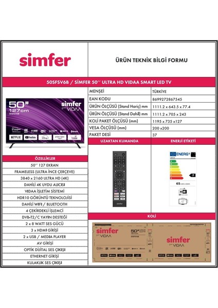 50SFSV6B 50" 127 Ekran Uydu Alıcılı 4K Ultra HD Vıdaa LED TV