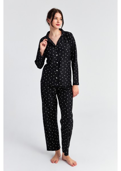 Kadın Siyah Yıldız Uzun Kol Bebe Yaka Pantolon Pijama Takım