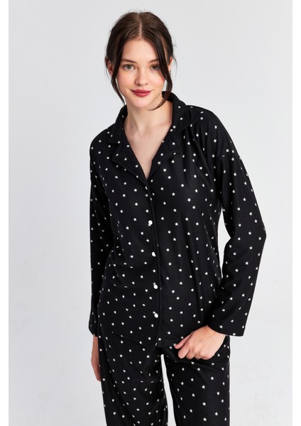 Kadın Siyah Yıldız Uzun Kol Bebe Yaka Pantolon Pijama Takım indirimleri