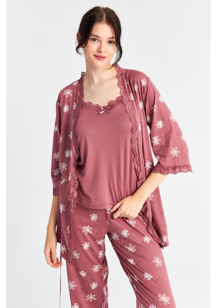 Kadın Pudra Papatya Askılı Sabahlık Pantolon 3 Lü Pijama Takım modelleri