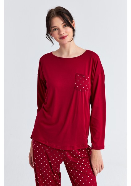 Kadın Bordo Puanlı Cepli Uzun Kol Pantolon Pijama Takım fiyatları
