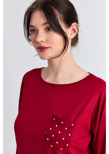 Kadın Bordo Puanlı Cepli Uzun Kol Pantolon Pijama Takım modelleri