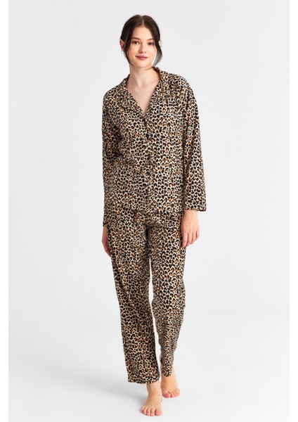 Kadın Leopar Desenli Uzun Kol Bebe Yaka Pantolon Pijama Takım fiyatları