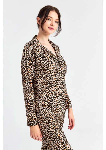 Kadın Leopar Desenli Uzun Kol Bebe Yaka Pantolon Pijama Takım modelleri