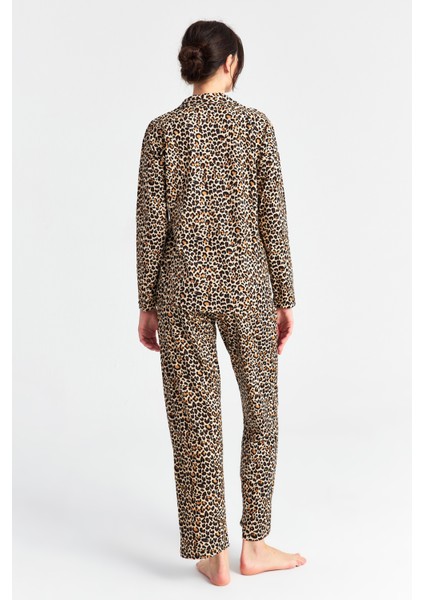 Kadın Leopar Desenli Uzun Kol Bebe Yaka Pantolon Pijama Takım fırsatları