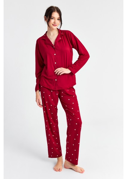 Kadın Bordo Kalp Bebe Yaka Pantolon 2 Li Pijama Takım