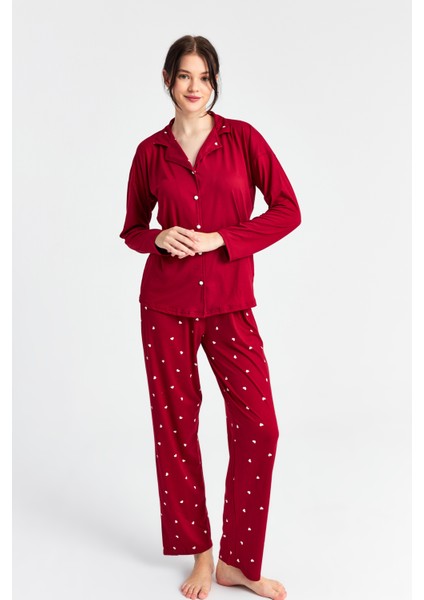 Kadın Bordo Kalp Bebe Yaka Pantolon 2 Li Pijama Takım