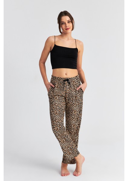 Kadın Leopar Süet Pijama Pantolon