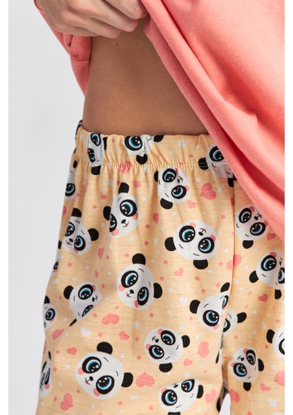 Kadın Pembe Panda Cepli Kısa Kol Pijama Takımı