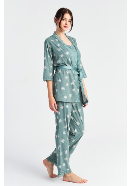 Kadın Yeşil Papatya Askılı Sabahlık Pantolon 3 Lü Pijama Takım modelleri