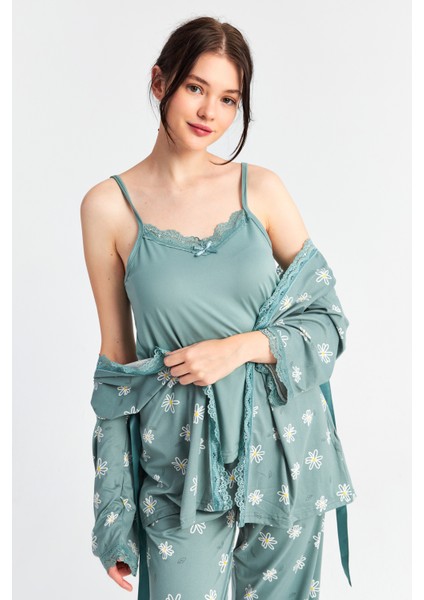 Kadın Yeşil Papatya Askılı Sabahlık Pantolon 3 Lü Pijama Takım indirimleri