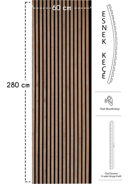 Detay Poliuretan 60x280cm Safir Meşe Renk Akustik Ahşap Duvar Paneli Kolay Uygulanabilir