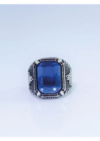 925 Ayar Gümüş Pençe Model Tuğra Desenli Kristal Kesim Safir Taşlı Erkek Yüzük fiyatları