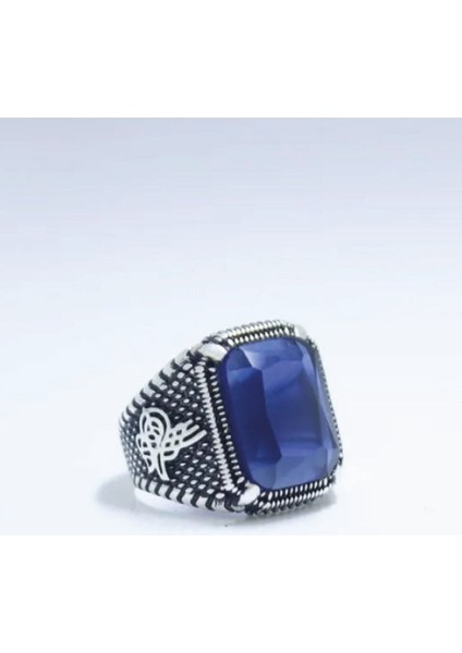 925 Ayar Gümüş Pençe Model Tuğra Desenli Kristal Kesim Safir Taşlı Erkek Yüzük modelleri