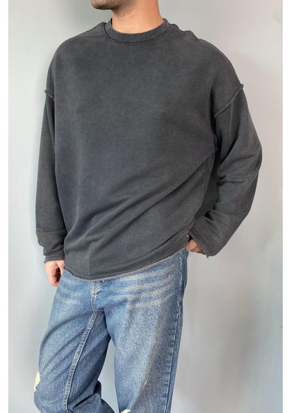 Oversize Antrasit Bisiklet Yaka Yıkamalı Sweatshirt indirimleri