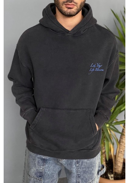 Oversize Çiçek Baskılı Cepli Antrasit Kapüşonlu Sweatshirt fiyatları