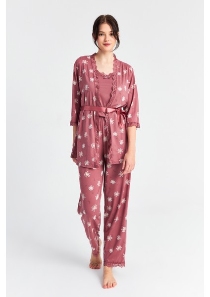 Kadın Pudra Papatya Askılı Sabahlık Pantolon 3 Lü Pijama Takım fiyatları