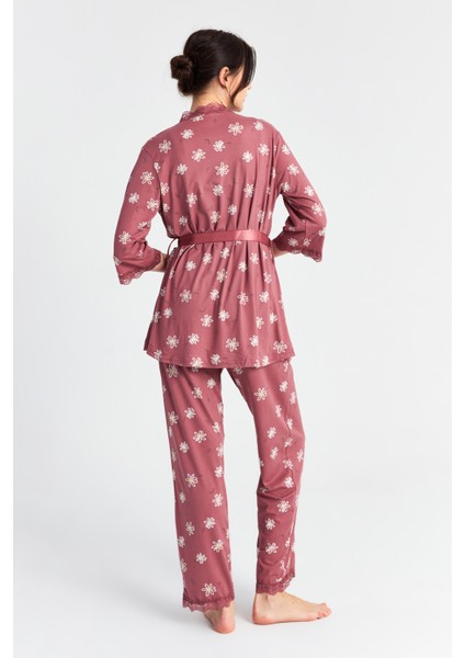 Kadın Pudra Papatya Askılı Sabahlık Pantolon 3 Lü Pijama Takım fırsatları