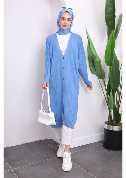 Indigo Düğmeli Uzun Triko Merserize Hırka