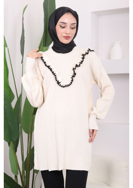 Krem Fırfırlı Fitilli Triko Tunik