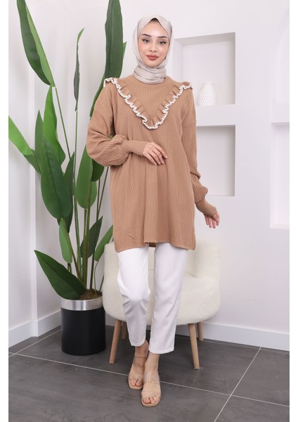 Bisküvi Fırfırlı Fitilli Triko Tunik modelleri