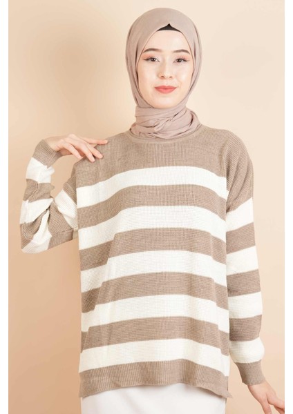 Bayan Tesettür Çizgili Prinç Örgü Kazak Açık Kahverengi