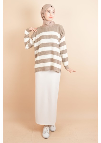 Bayan Tesettür Çizgili Prinç Örgü Kazak Açık Kahverengi fiyatları